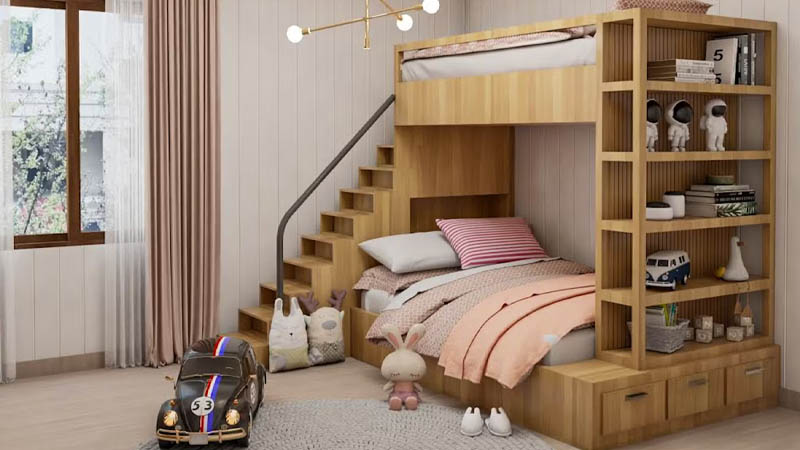 Desain Tempat Tidur Tingkat Bahan Kayu Rangkap